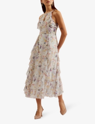 Shop Ted Baker Women's White Lauriin Floral-print Stretch-woven Midi Dress