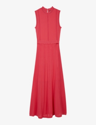 The Kooples Womens Retro Pink Scalloped-neck Slim-fit Knitted Maxi Dress