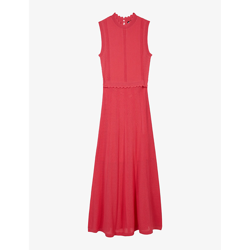 The Kooples Womens Retro Pink Scalloped-neck Slim-fit Knitted Maxi Dress