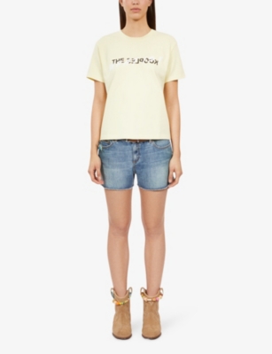 Shop The Kooples Women's Bright Yellow 'what Is It?' Logo-print Cotton-jersey T-shirt