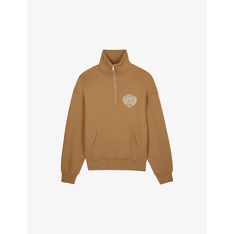 The Kooples Mens Light Brown Graphic-print Zip-neck Relaxed-fit Cotton Sweatshirt