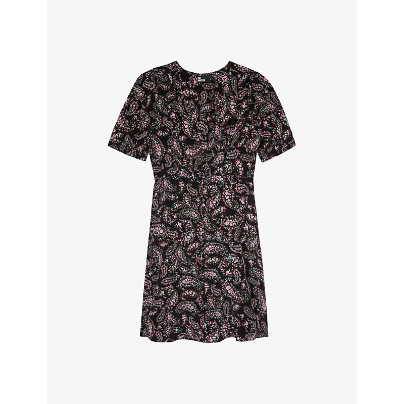 Shop The Kooples Womens Black / Pink Graphic-print V-neck Silk Mini Dress