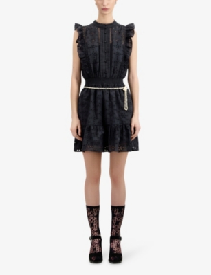 Shop The Kooples Womens Black High-neck Broderie-anglaise Cotton Mini Dress