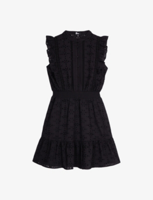 Shop The Kooples Women's Black High-neck Broderie-anglaise Cotton Mini Dress