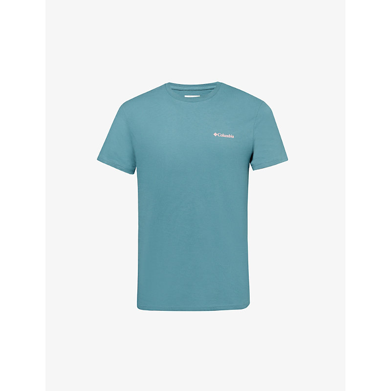 Shop Columbia Brand-print Crewneck Cotton-jersey T-shirt In Cloudburst