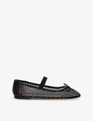 Dune Womens Black-diamonte Happening Crystal-embellished Faux-leather And Mesh Ballet Pumps