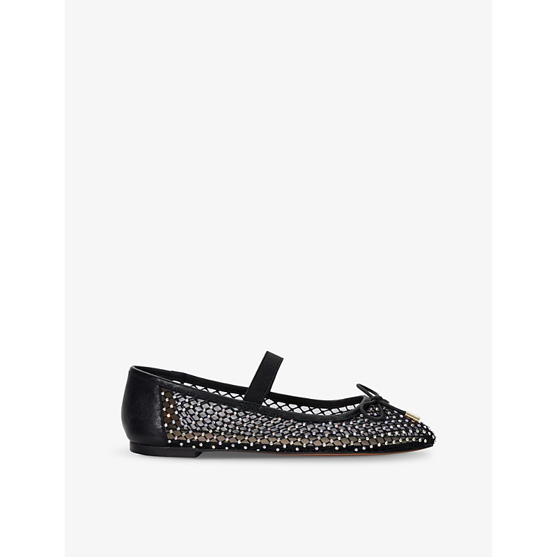 Dune Womens Black-diamonte Happening Crystal-embellished Faux-leather And Mesh Ballet Pumps