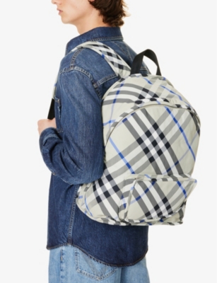 Shop Burberry Mens Lichen Shield Check-print Woven Backpack