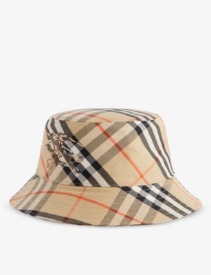 Burberry Mens Sand Checked Brand-embroidered Cotton-blend Bucket Hat