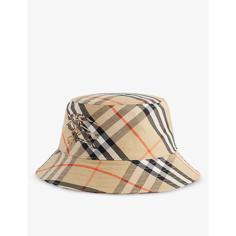Burberry Mens Sand Checked Brand-embroidered Cotton-blend Bucket Hat