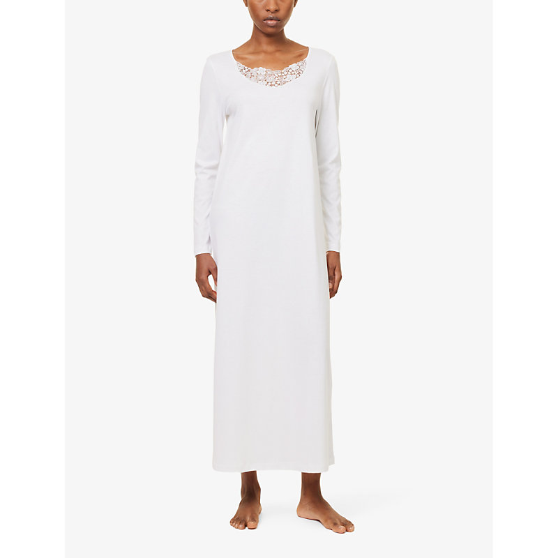 Shop Hanro Women's White Michelle Long-sleeve Cotton-jersey Night Dress