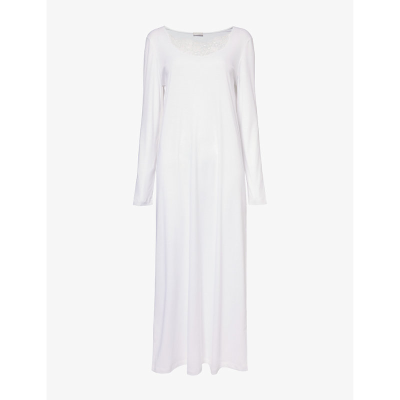 Shop Hanro Michelle Long-sleeve Cotton-jersey Night Dress In White