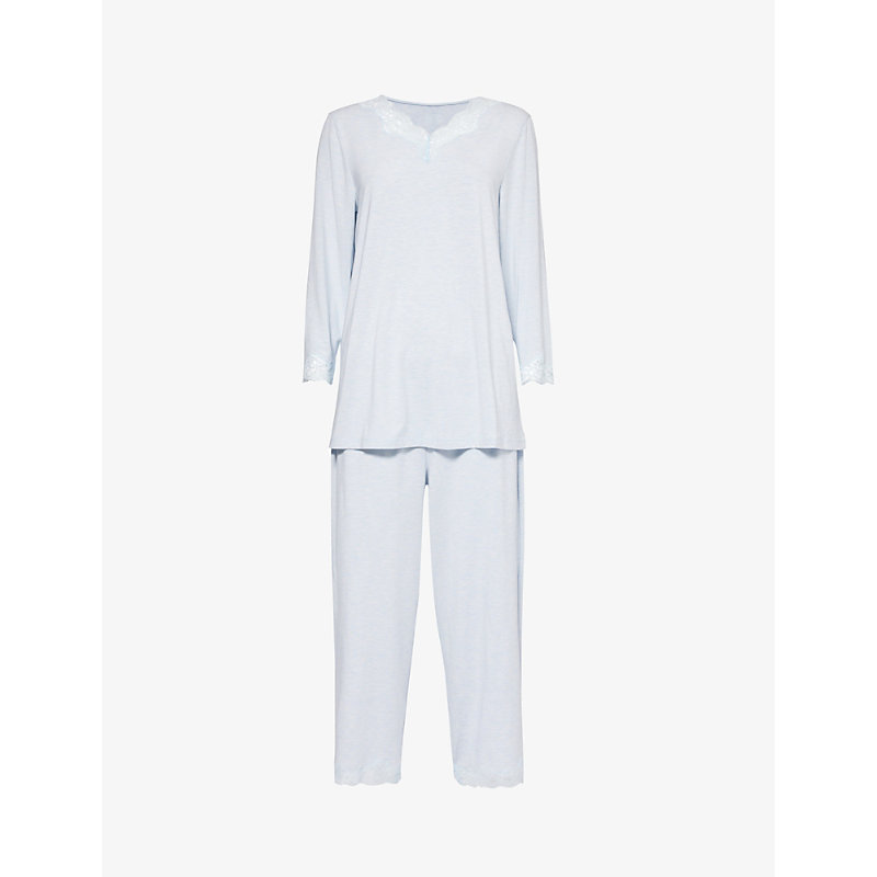 Hanro Womens Whispering Blue V-neck Cropped-leg Stretch-woven Pyjama Set