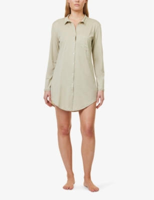 Shop Hanro Women's Moss Green Long-sleeve Collar Cotton-jersey Nightdress