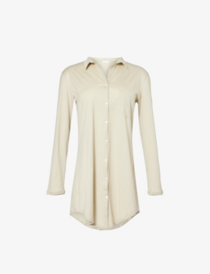Hanro Womens Moss Green Long-sleeve Collar Cotton-jersey Nightdress