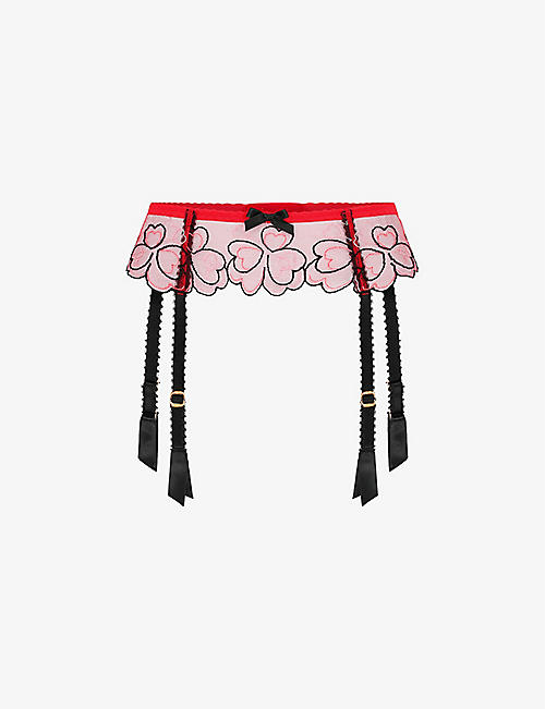 AGENT PROVOCATEUR: Maysie heart-embroidered mesh suspenders