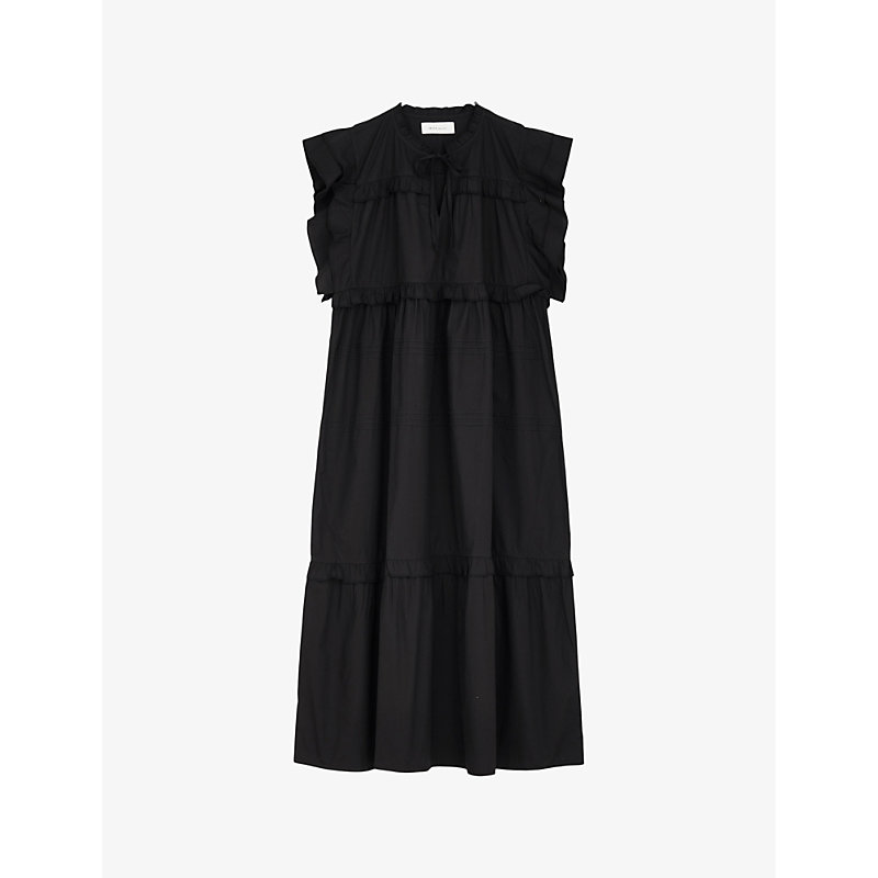 Skall Studio Womens Black Clover Ruffle-sleeve Relaxed-fit Organic-cotton Midi Dress