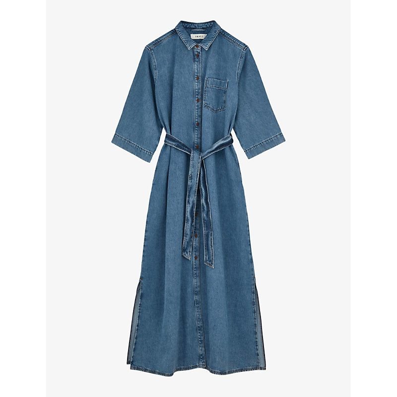 Skall Studio Womens Washed Blue Beya Exposed-button Organic-cotton Midi Dress