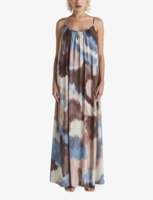 Shop Twist & Tango Graphic-print Gathered-trim Draped Woven Maxi Dress In Blue Abstract Print