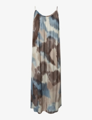 Shop Twist & Tango Graphic-print Gathered-trim Draped Woven Maxi Dress In Blue Abstract Print