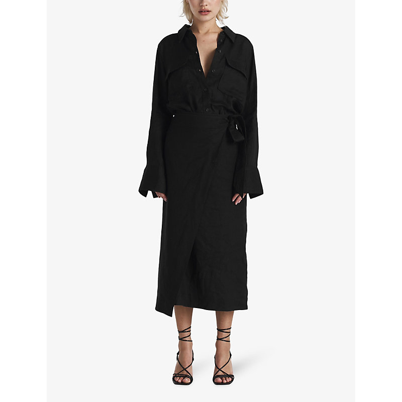 Shop Twist & Tango Vivienne Wrap-front Linen Midi Skirt In Black