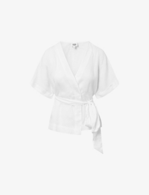 Shop Twist & Tango Reese Wrap-front Short-sleeve Linen Top In White