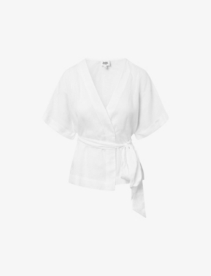 Twist & Tango Reese Wrap-front Short-sleeve Linen Top In White