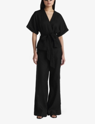 Shop Twist & Tango Reese Wrap-front Short-sleeve Linen Top In Black