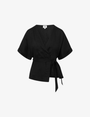 Shop Twist & Tango Reese Wrap-front Short-sleeve Linen Top In Black