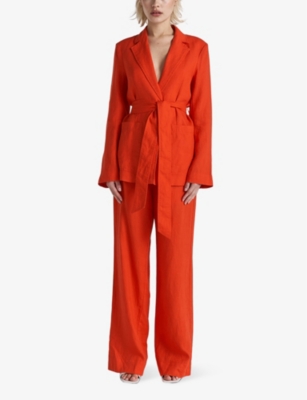 Shop Twist & Tango Women's Mandarin Red Serena Straight-leg High-rise Linen Trousers