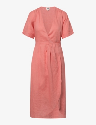 Twist & Tango Mya Wrap-front Short-sleeve Linen Midi Dress In Tea Rose