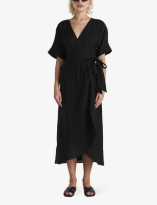 Shop Twist & Tango Women's Black Mya Wrap-front Short-sleeve Linen Midi Dress