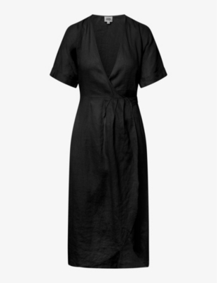 Shop Twist & Tango Women's Black Mya Wrap-front Short-sleeve Linen Midi Dress