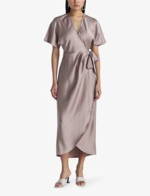 Twist & Tango Shana Wrap-tie Satin Midi Dress In Lt Taupe