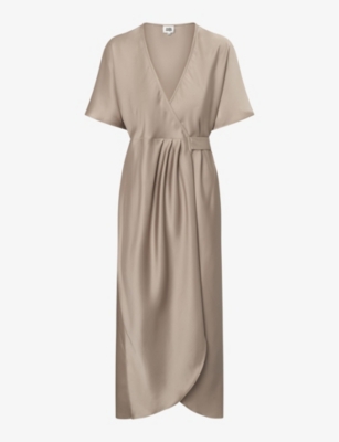 Flutter Sleeve Draped Wrap Stretch Maxi Bridesmaid Dress In French Truffle