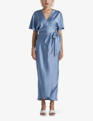 Shop Twist & Tango Women's Dusty Blue Shana Wrap-tie Satin Midi Dress