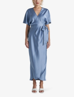 Twist & Tango Shana Wrap-tie Satin Midi Dress In Dusty Blue