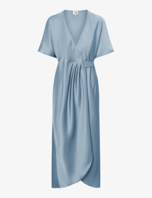 Flutter Sleeve Draped Wrap Stretch Maxi Bridesmaid Dress In French Truffle