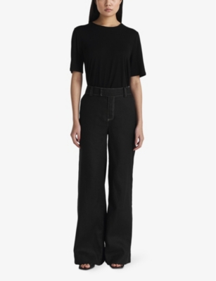 Twist & Tango Ginny Contrast-stitch Wide-leg Mid-rise Linen-blend Trousers In Black