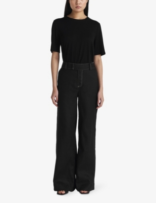 Shop Twist & Tango Womens Ginny Contrast-stitch Wide-leg Mid-rise Linen-blend Trousers Black