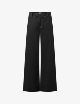 Twist & Tango Ginny Contrast-stitch Wide-leg Mid-rise Linen-blend Trousers In Black