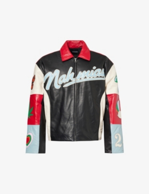 NAHMIAS: Moto brand-typography regular-fit leather jacket