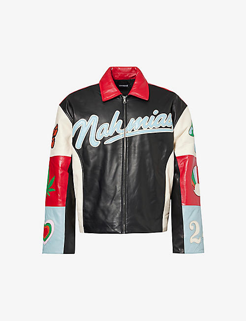 NAHMIAS: Moto brand-typography regular-fit leather jacket