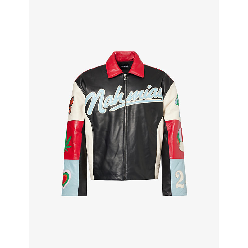 Nahmias Mens Multi Moto Brand-typography Regular-fit Leather Jacket