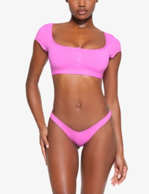 Shop Skims Womens Neon Orchid Signature Swim Round-neck Cropped Stretch Recycled-nylon Bikini Top