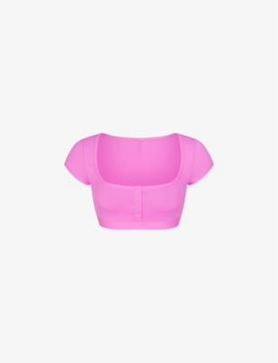 Shop Skims Womens Neon Orchid Signature Swim Round-neck Cropped Stretch Recycled-nylon Bikini Top