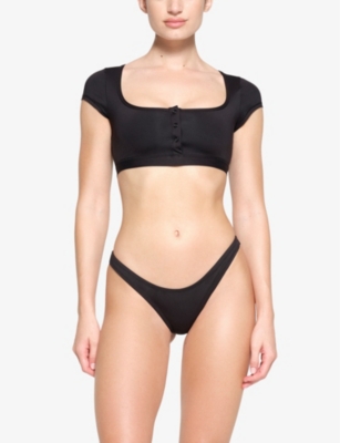 Shop Skims Signature Swim Round-neck Cropped Stretch Recycled-nylon Bikini Top In Onyx