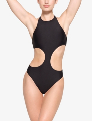 Shop Skims Women's Onyx Signature Swim Halter-neck Stretch Recycled-nylon Swimsuit