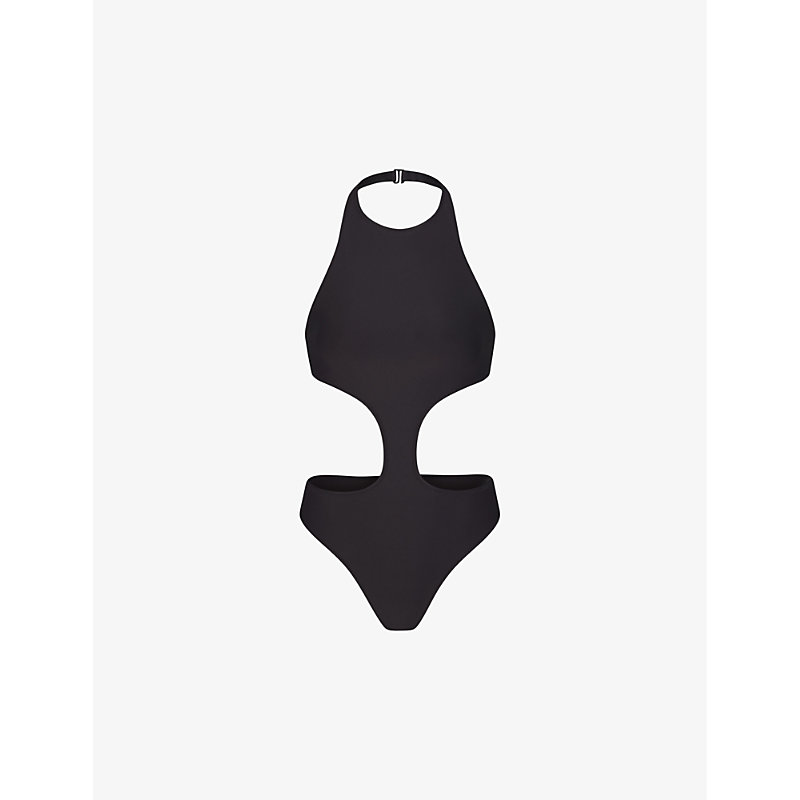 Skims Womens Onyx Signature Swim Halter-neck Stretch Recycled-nylon Swimsuit In Black