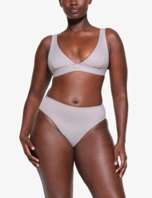 Shop Skims Women's Chrome Signature Swim Plunge Stretch Recycled-nylon Bikini Top